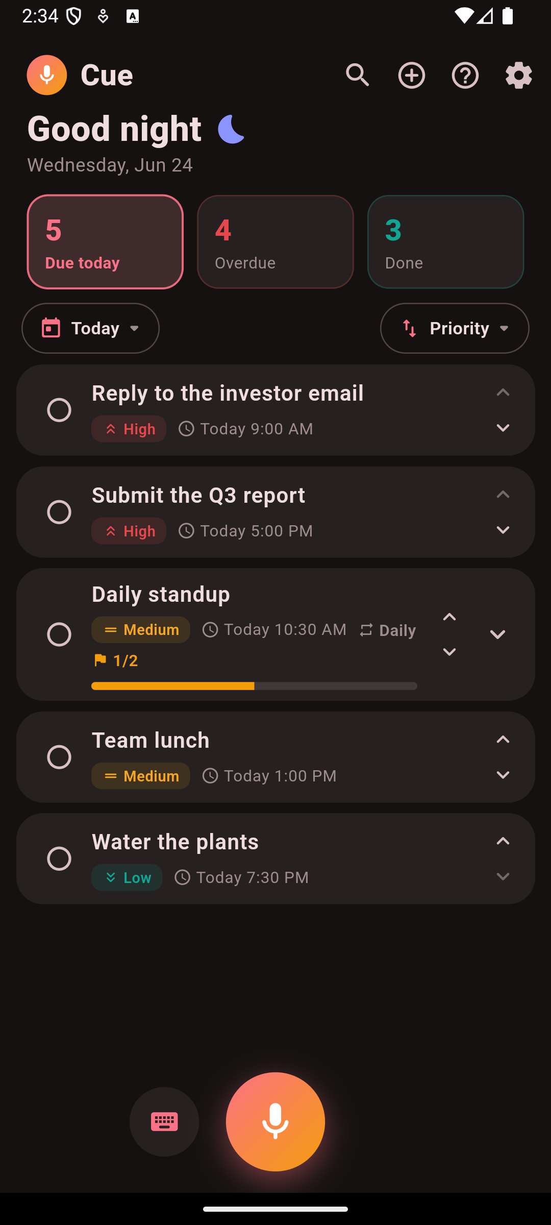 Cue — the Today view