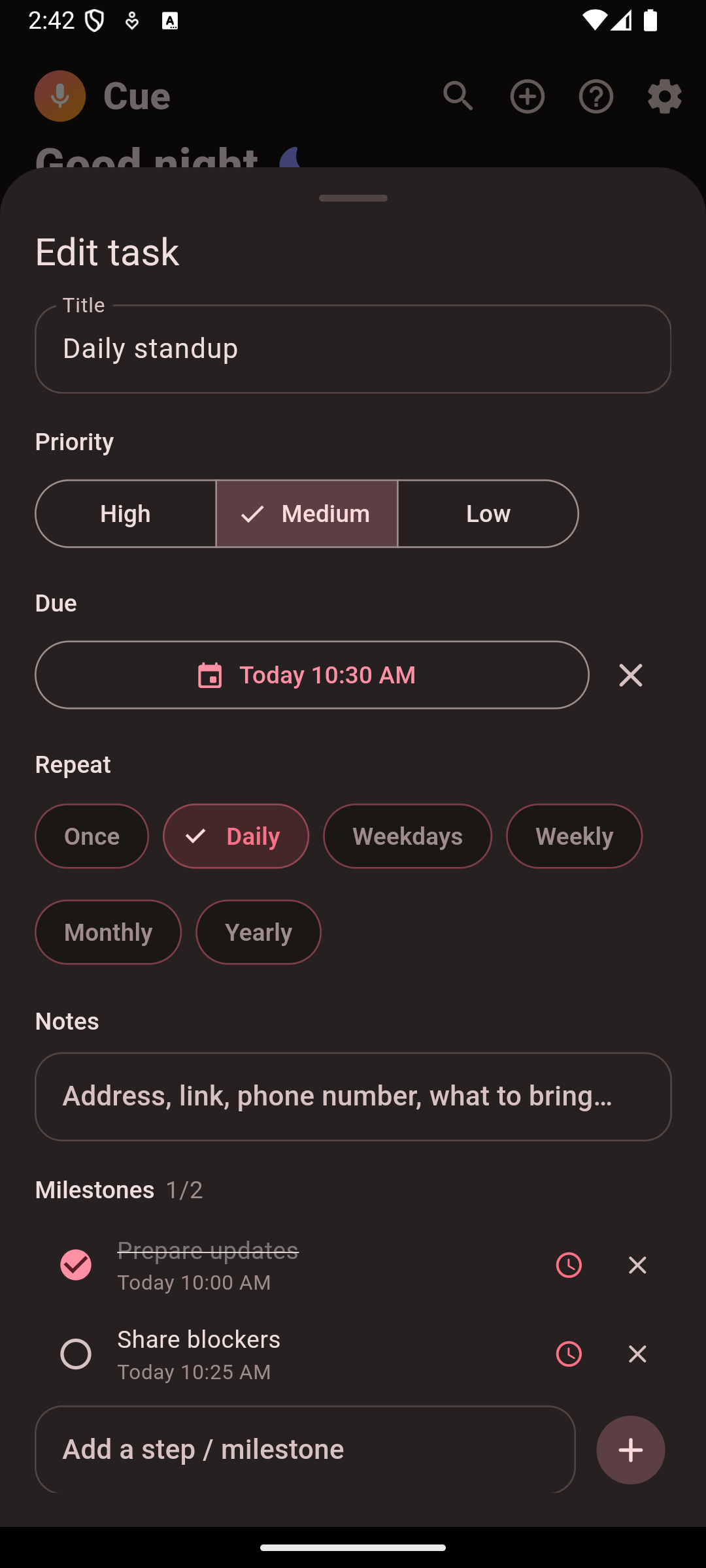 Tasks with milestones